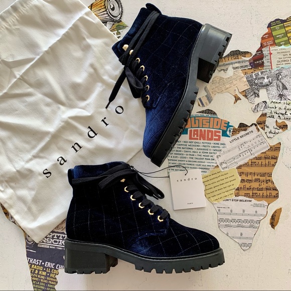 Sandro Shoes - Sandro | Aron Navy Quilted Velvet Hiker Boots 37